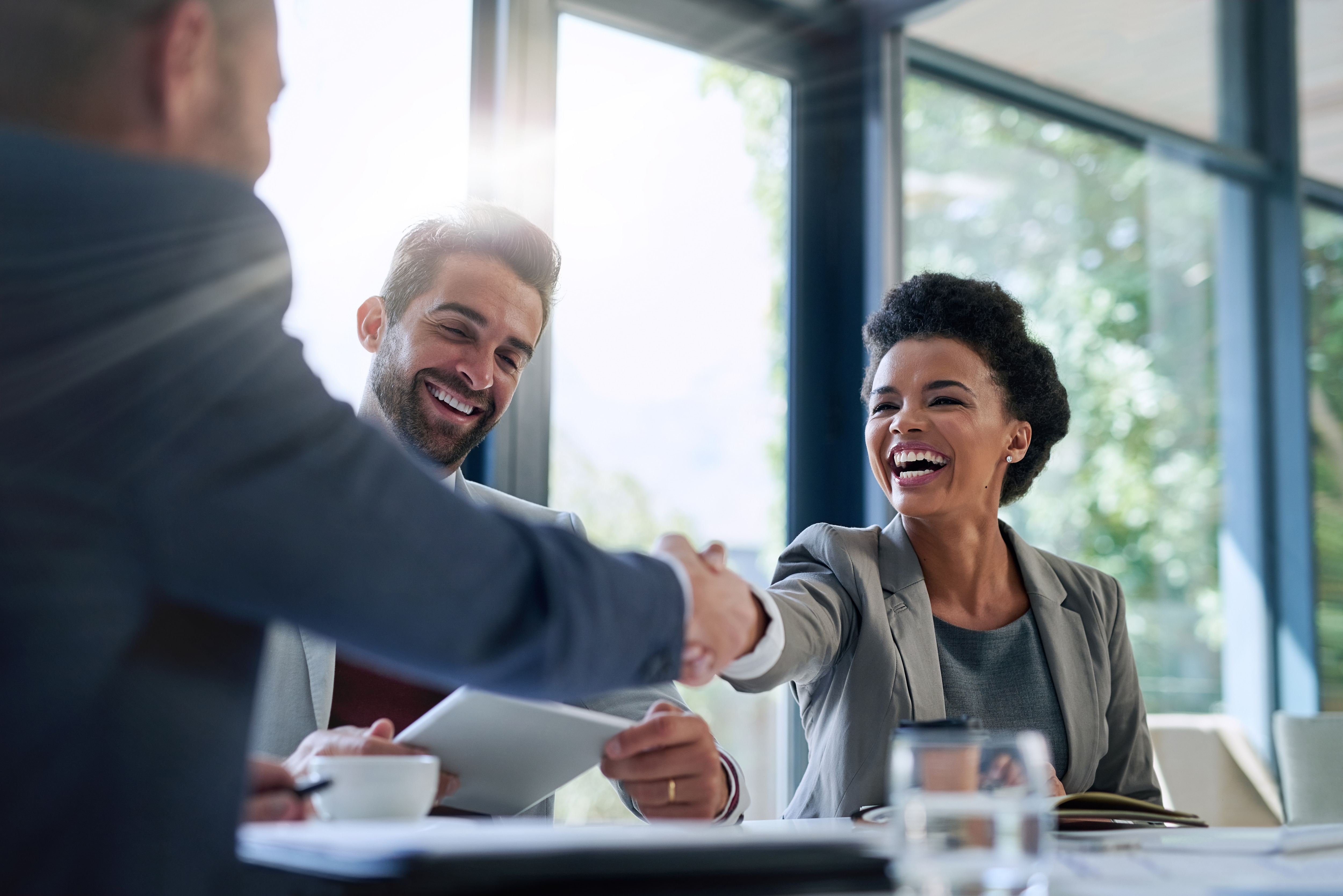 Meeting, partnership and business people shaking hands in the office for a deal, collaboration or onboarding. Diversity, professional and employees with handshake for agreement, welcome or greeting