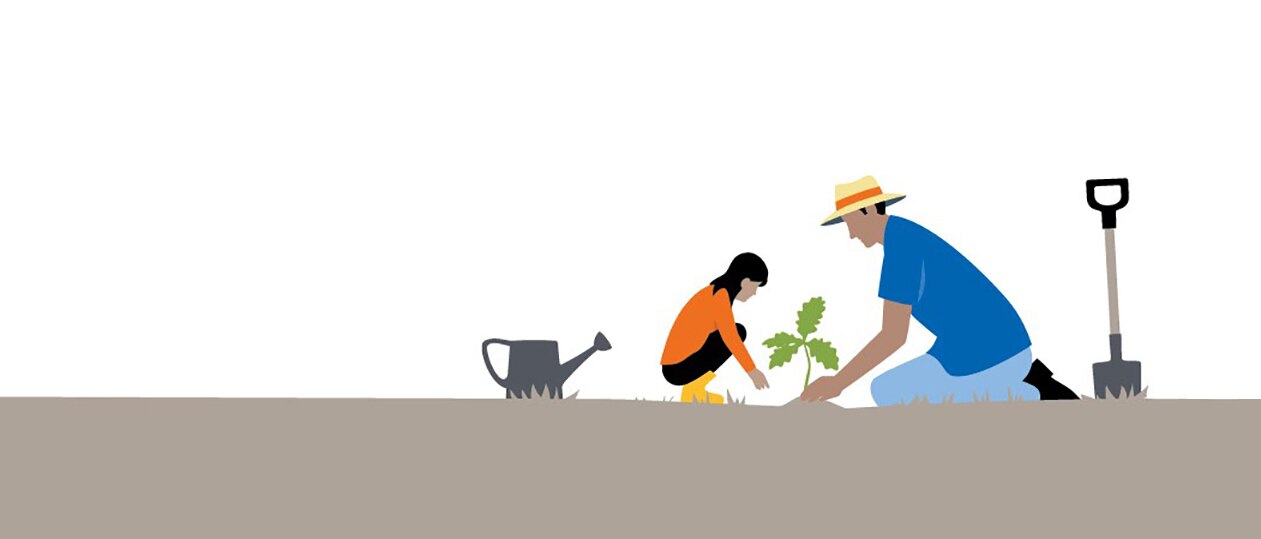 Illustration of a parent and child planting a tree
