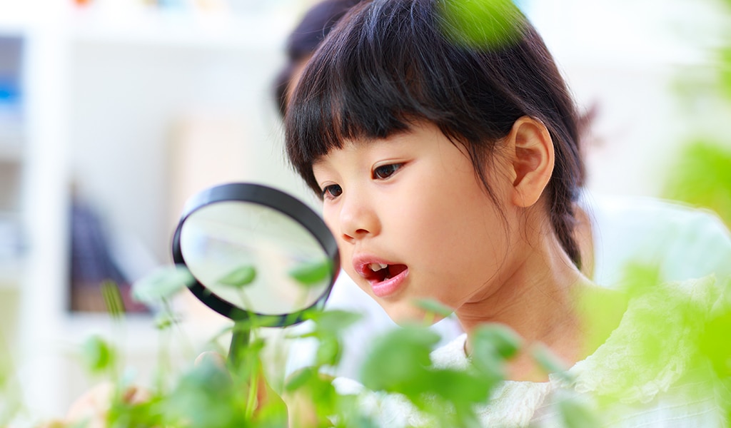 Young girl exploring plant life with a magnifying glass