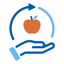 Icon of a hand holding an apple and repeating arrows for recurring and scheduled giving