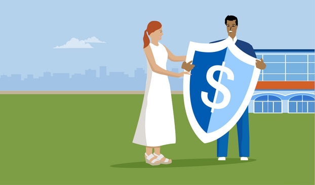 Illustration of a woman and man holding a shield with a dollar sign.