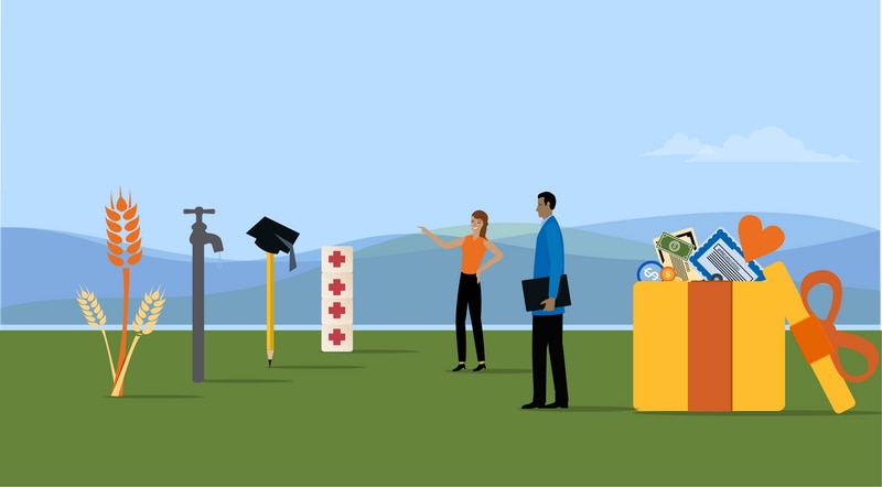 landscape, mountains, grass, field, woman, african american, donor, appreciated assets, gift box, stocks, certificate, grants, options, non cash assets, produce, wheat, clean water, education, health care