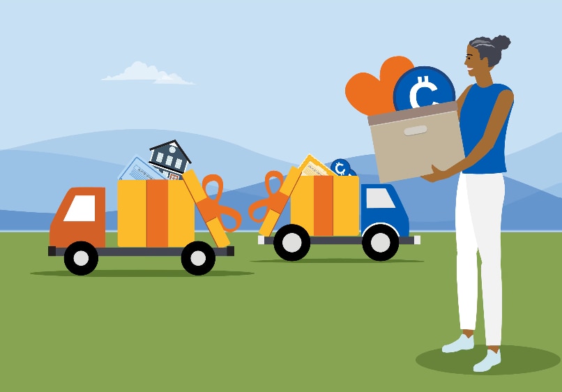 Lady holding a box and two trucks filled